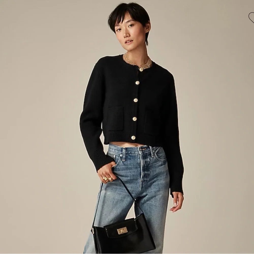 J.Crew Emilie Patch-Pocket Cardigan Sweater Black Gold Crest Button XXL Cotton